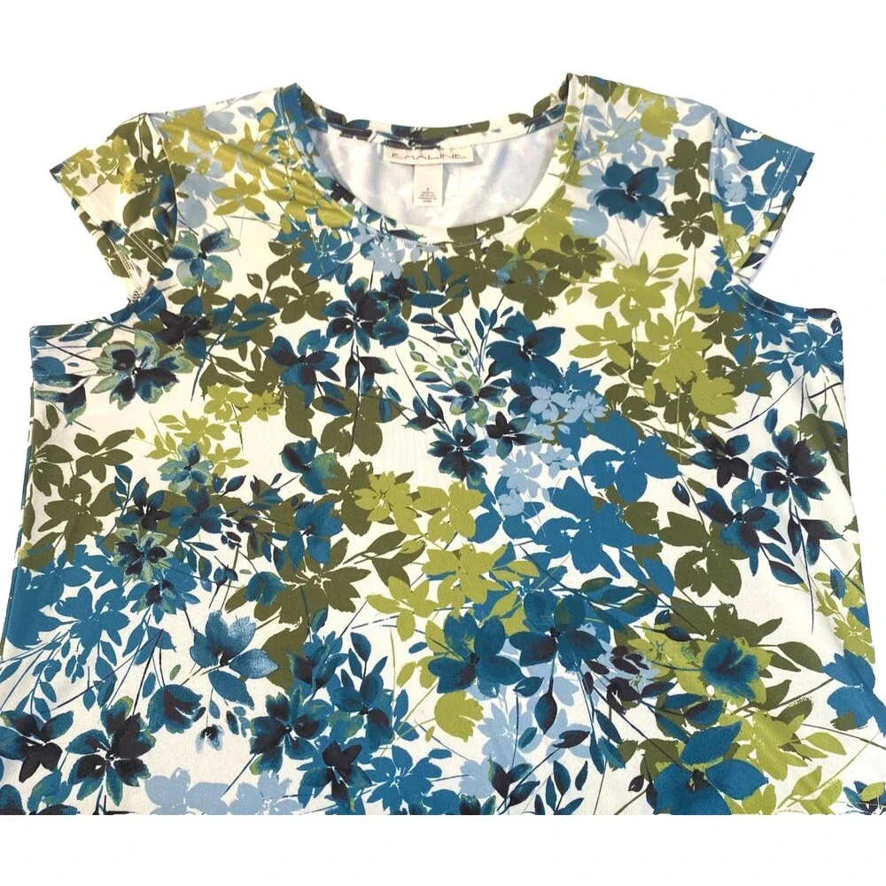 Emaline Floral T Shirt Womens Size Small Green Blue Multi Cap Sleeves Excellent